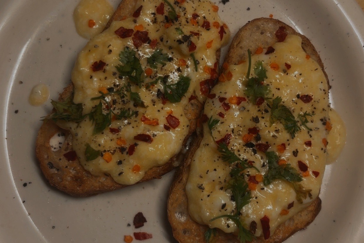 Soft scrambled eggs, plated